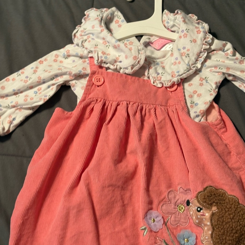 Good lad coral cordoroy dress with floral shirt.